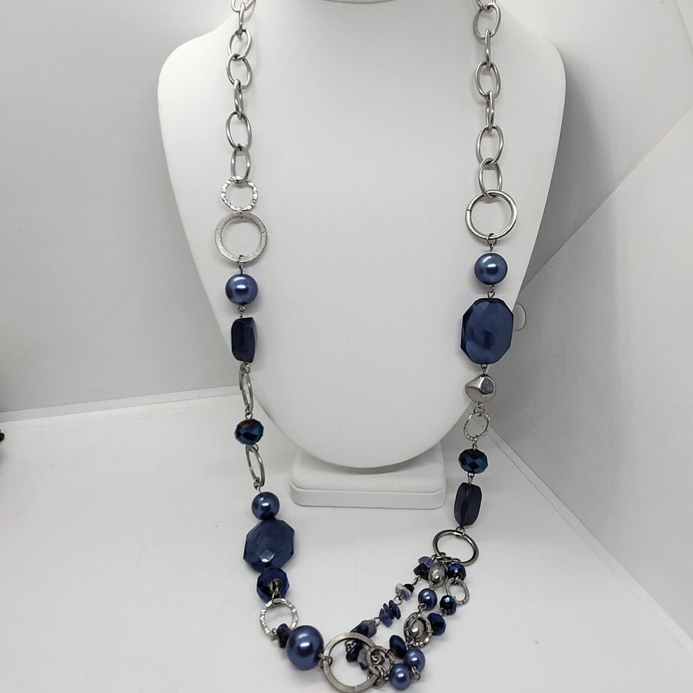 Lond Silver Tone‎ Blue Bead Necklace